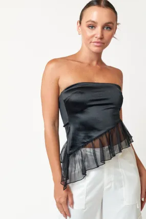 "Breakfast In Paris" Black Satin Tube Top w/ Contrast Ruffle Trim