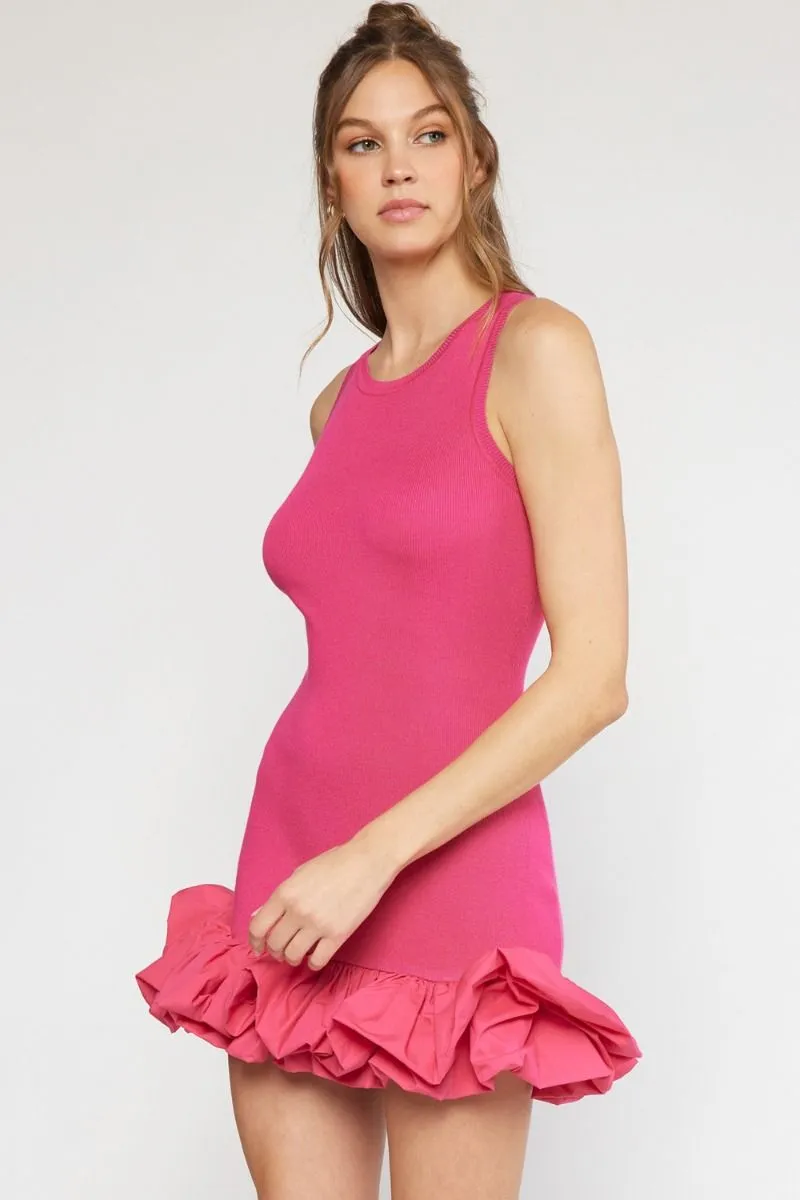 Rib Knit Mini Dress with Ruffle Hem - Hot Pink