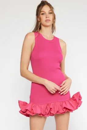 Rib Knit Mini Dress with Ruffle Hem - Hot Pink