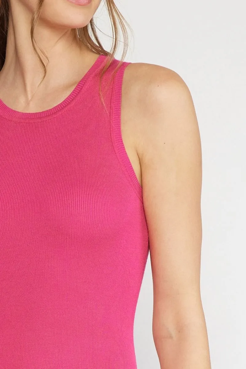 Rib Knit Mini Dress with Ruffle Hem - Hot Pink