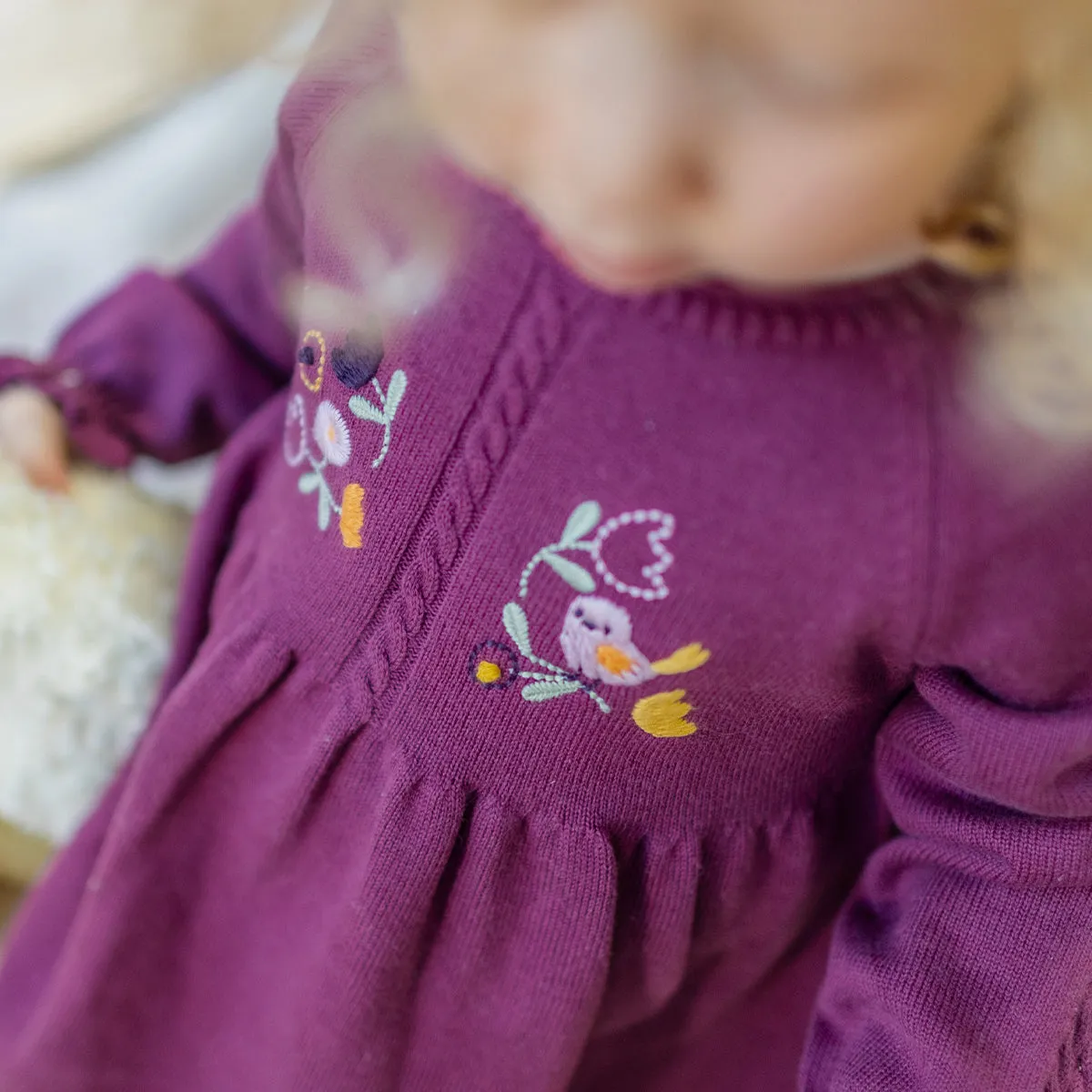 Robe en tricot mauve foncé avec broderies, bébé || Dark purple knit dress with embroidery, baby