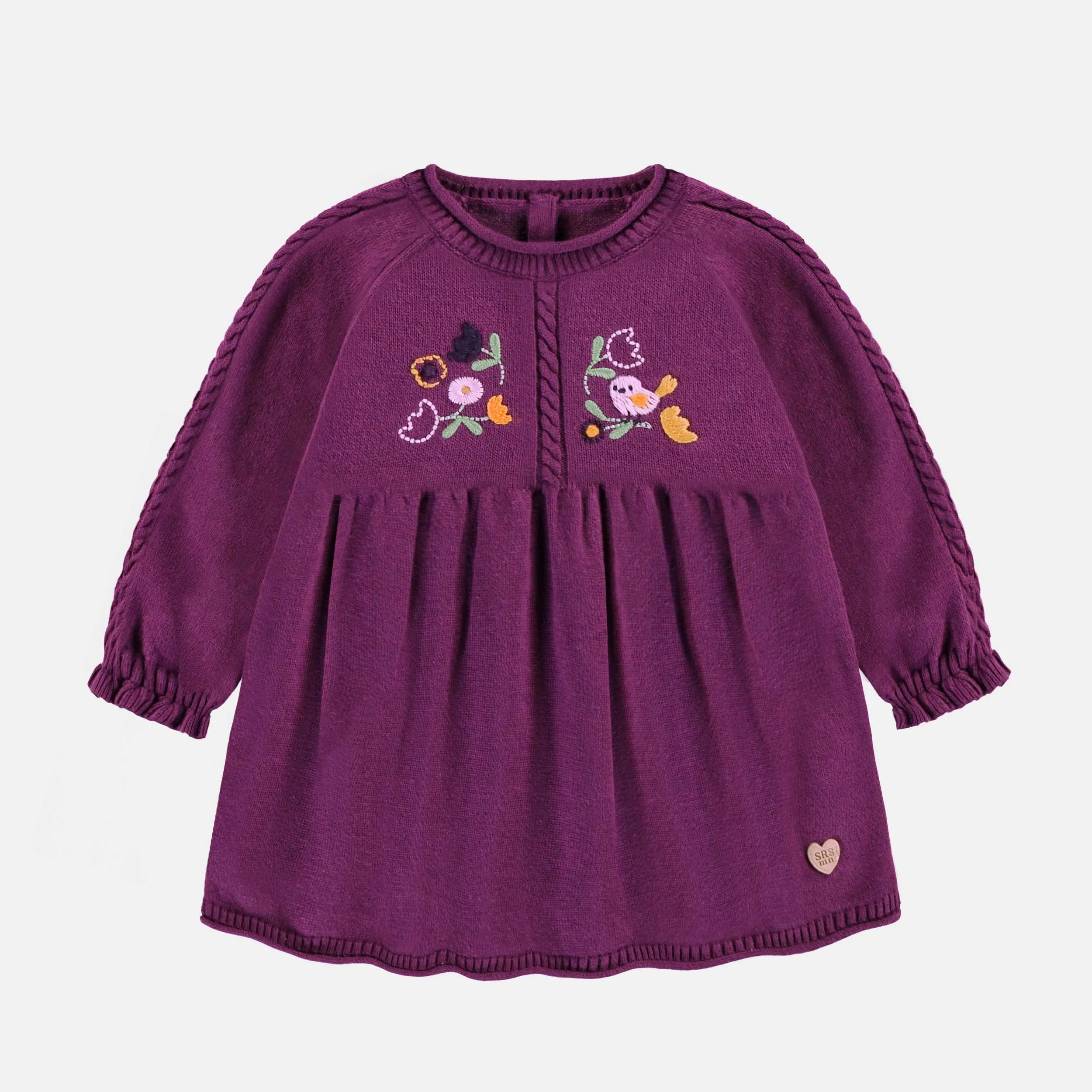 Robe en tricot mauve foncé avec broderies, bébé || Dark purple knit dress with embroidery, baby
