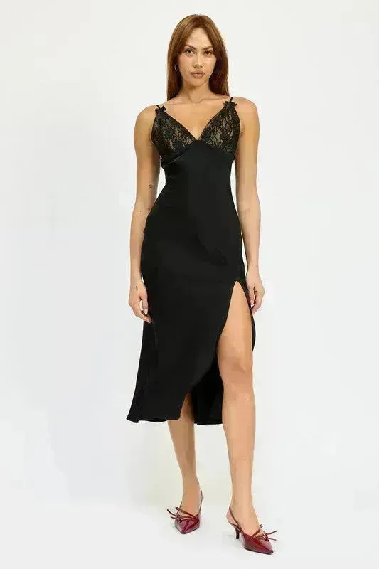 Satin Lace Cami Midi Dress with Slit
