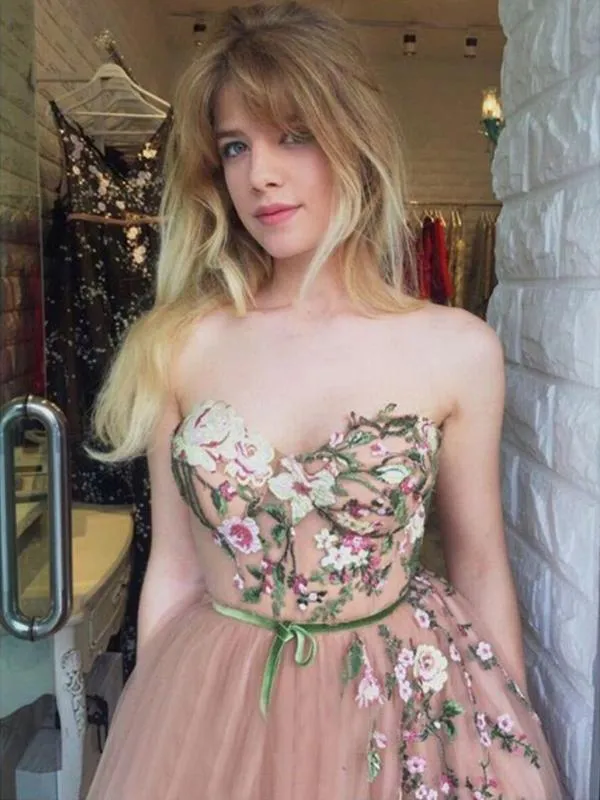 Sexy Dusty Pink Sweetheart Strapless Lace Top A-line Long Prom Dress