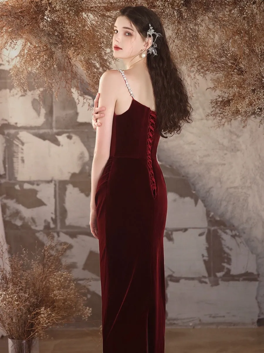 Simple Velvet Mermaid Burgundy Long Prom Dress, Burgundy Long Formal Dress