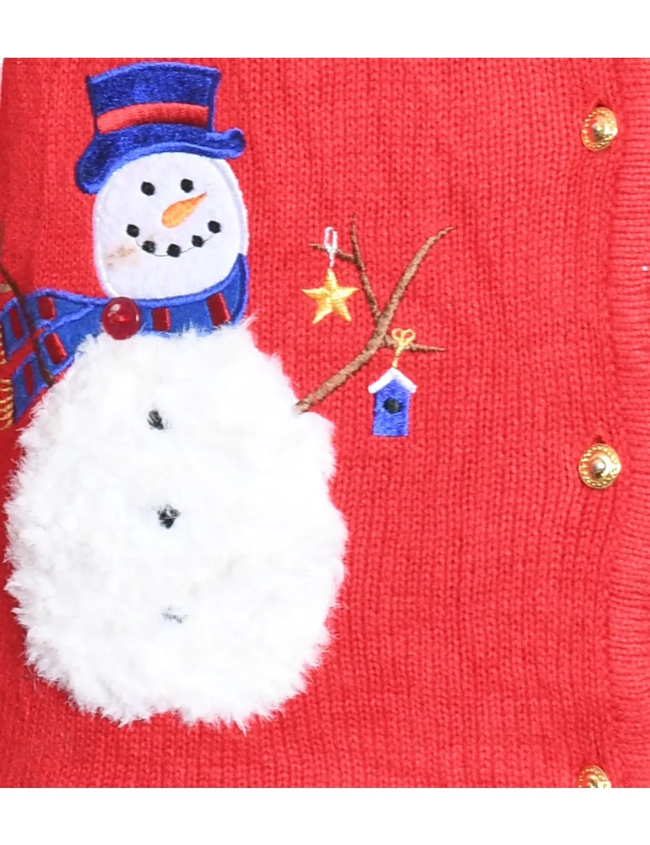 Snowman Design Red Faux Fur Collar Christmas Cardigan - L