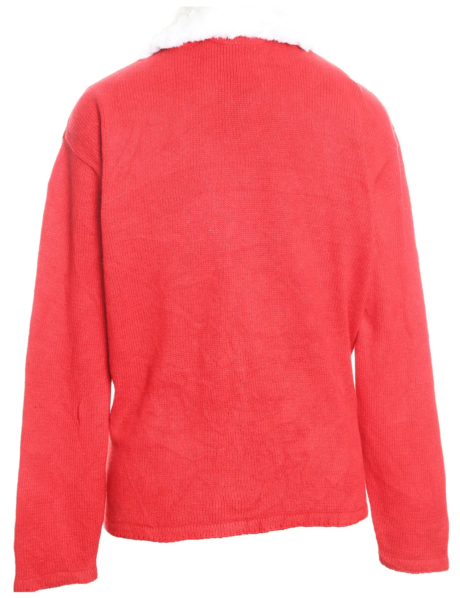 Snowman Design Red Faux Fur Collar Christmas Cardigan - L