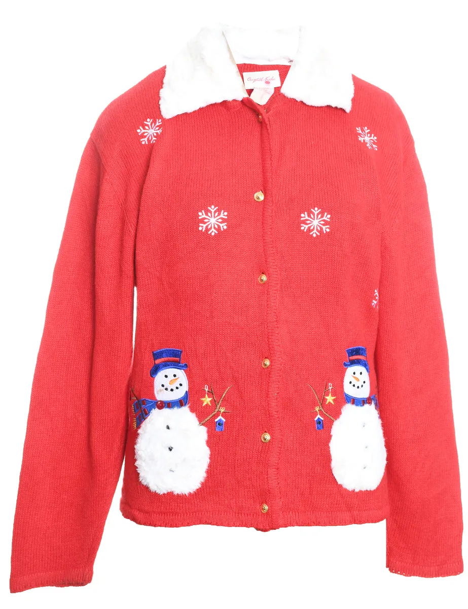 Snowman Design Red Faux Fur Collar Christmas Cardigan - L