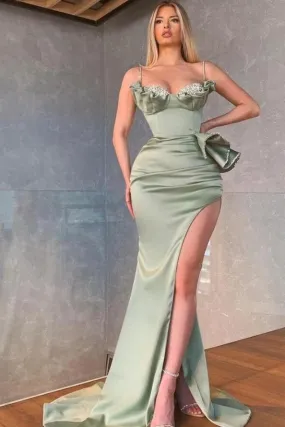 Spaghetti-Straps Sweetheart Mermaid Prom Dress Split With Beadings