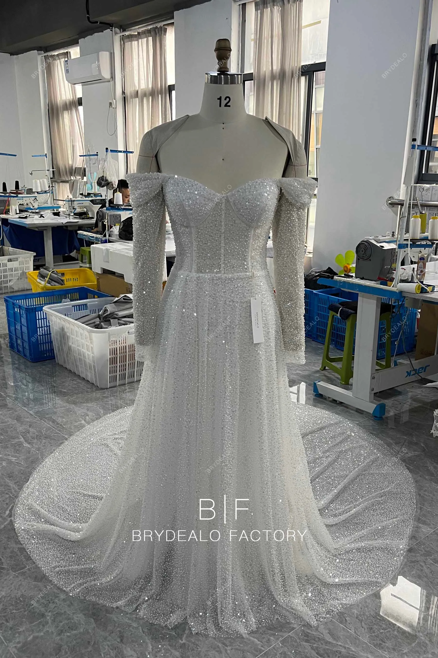 Sparkly Beading Sequins Off Shoulder Long Sleeve Wedding Dress