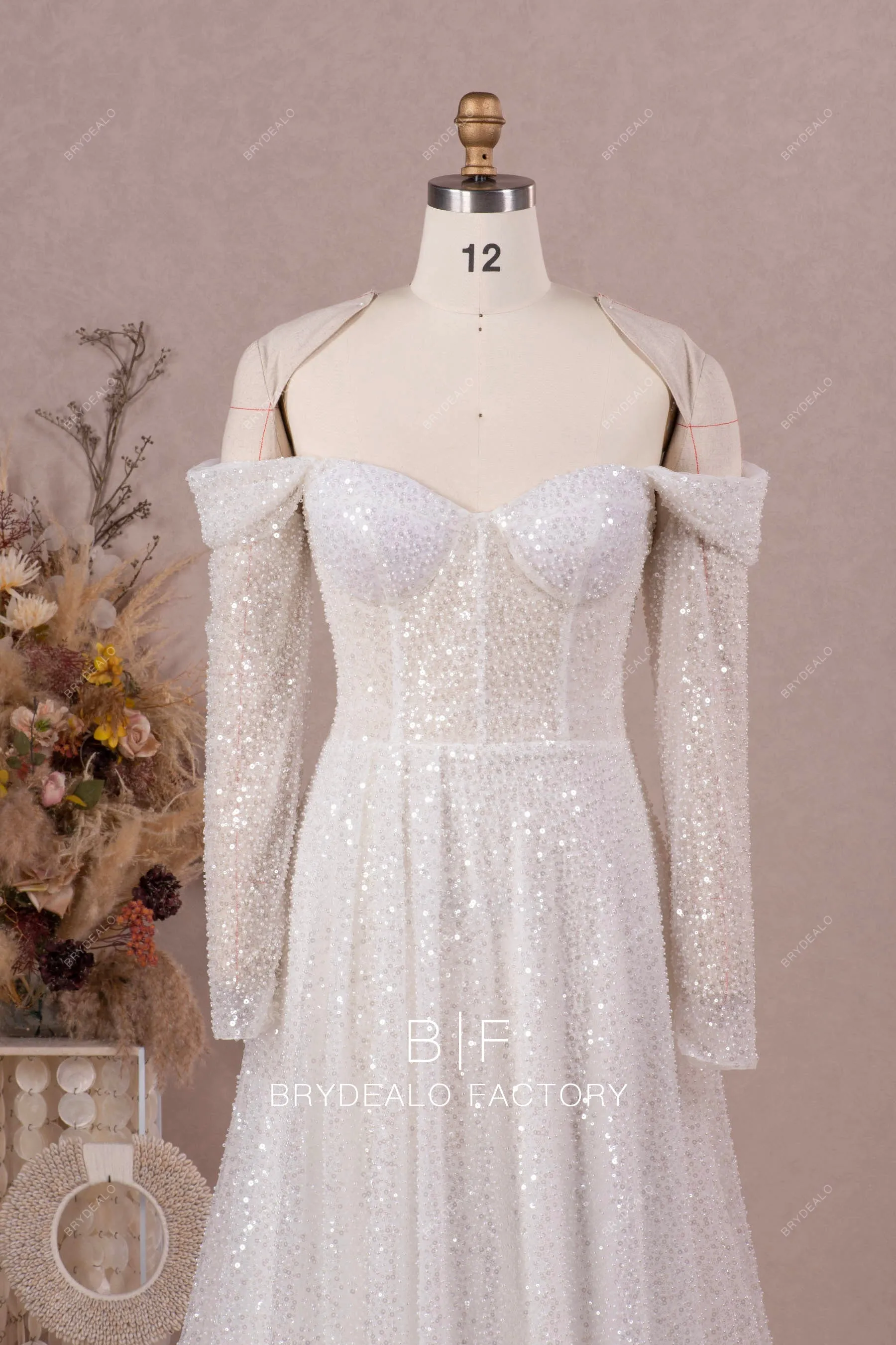 Sparkly Beading Sequins Off Shoulder Long Sleeve Wedding Dress