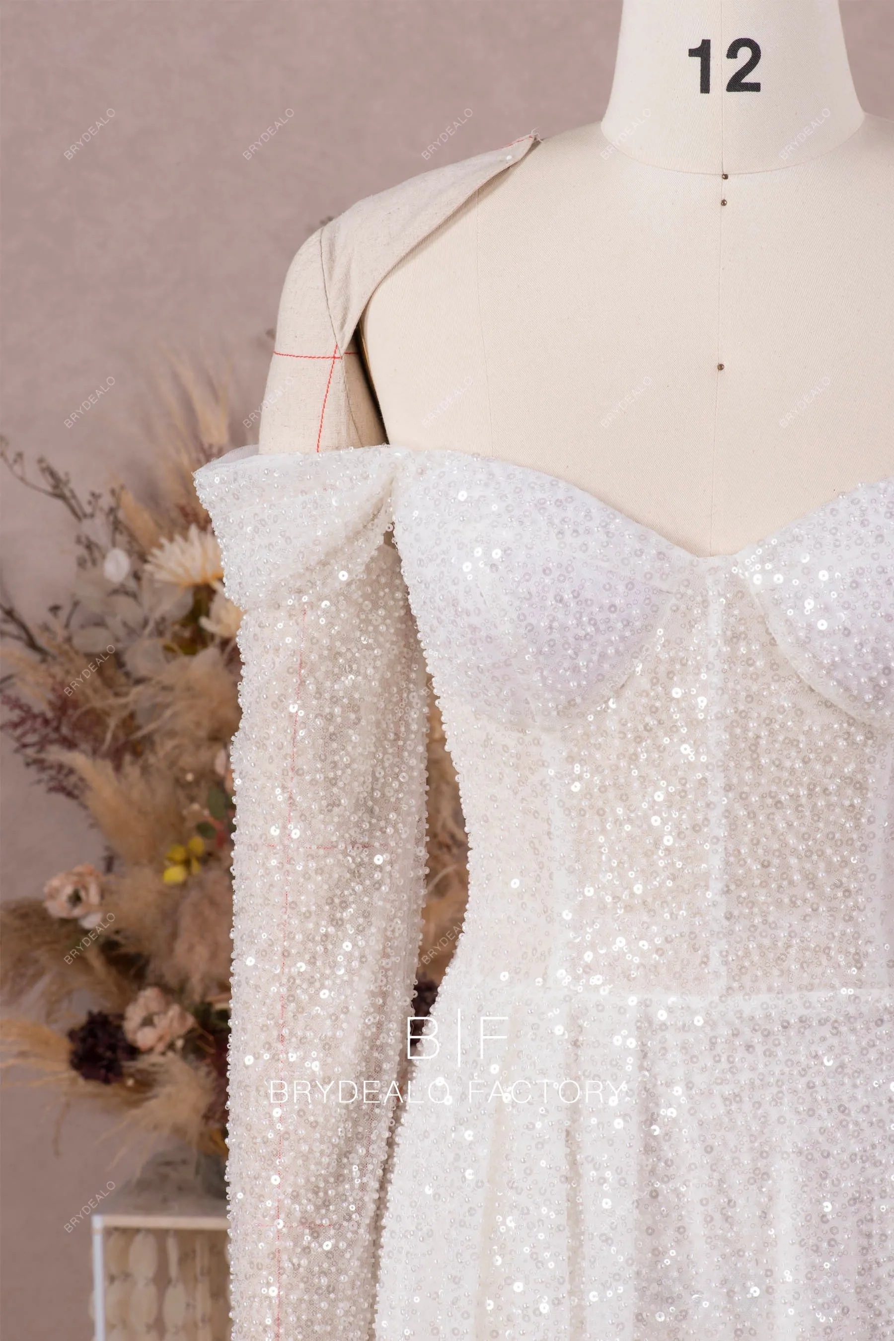 Sparkly Beading Sequins Off Shoulder Long Sleeve Wedding Dress