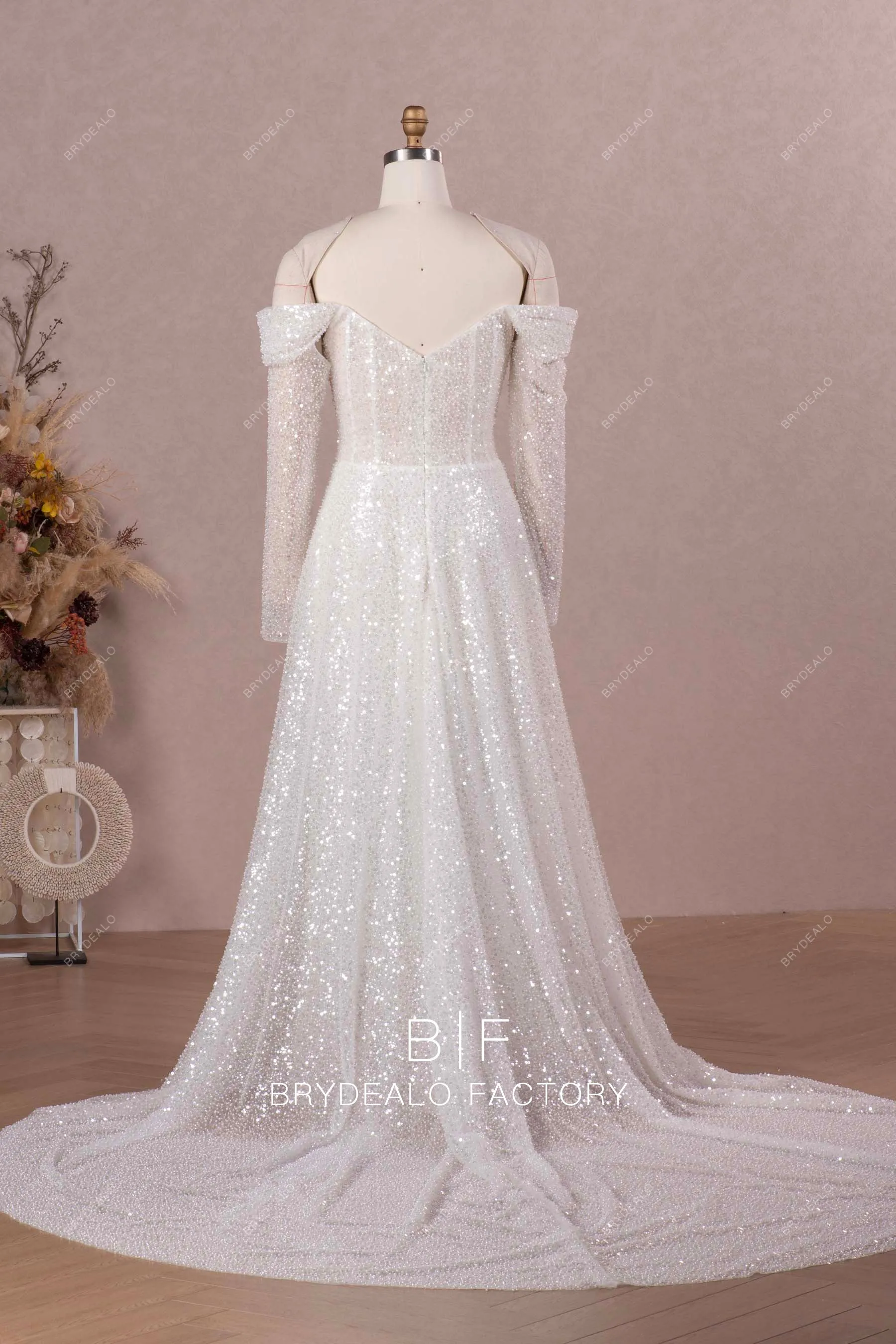 Sparkly Beading Sequins Off Shoulder Long Sleeve Wedding Dress