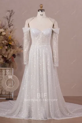 Sparkly Beading Sequins Off Shoulder Long Sleeve Wedding Dress