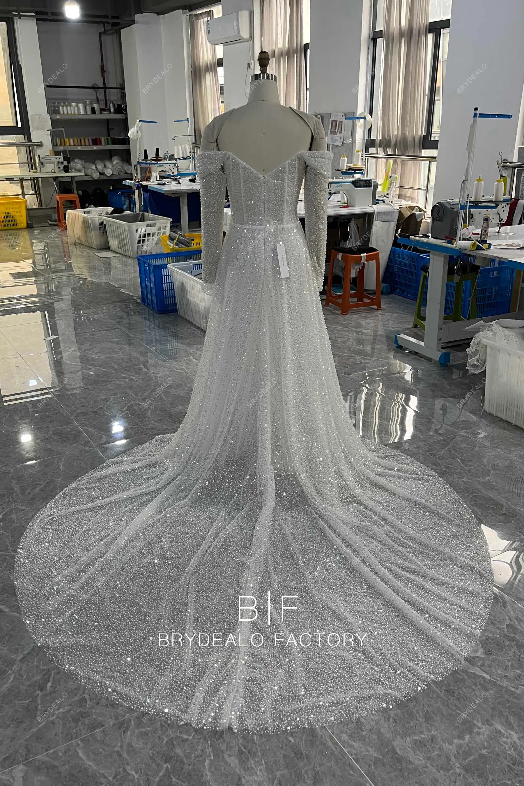 Sparkly Beading Sequins Off Shoulder Long Sleeve Wedding Dress