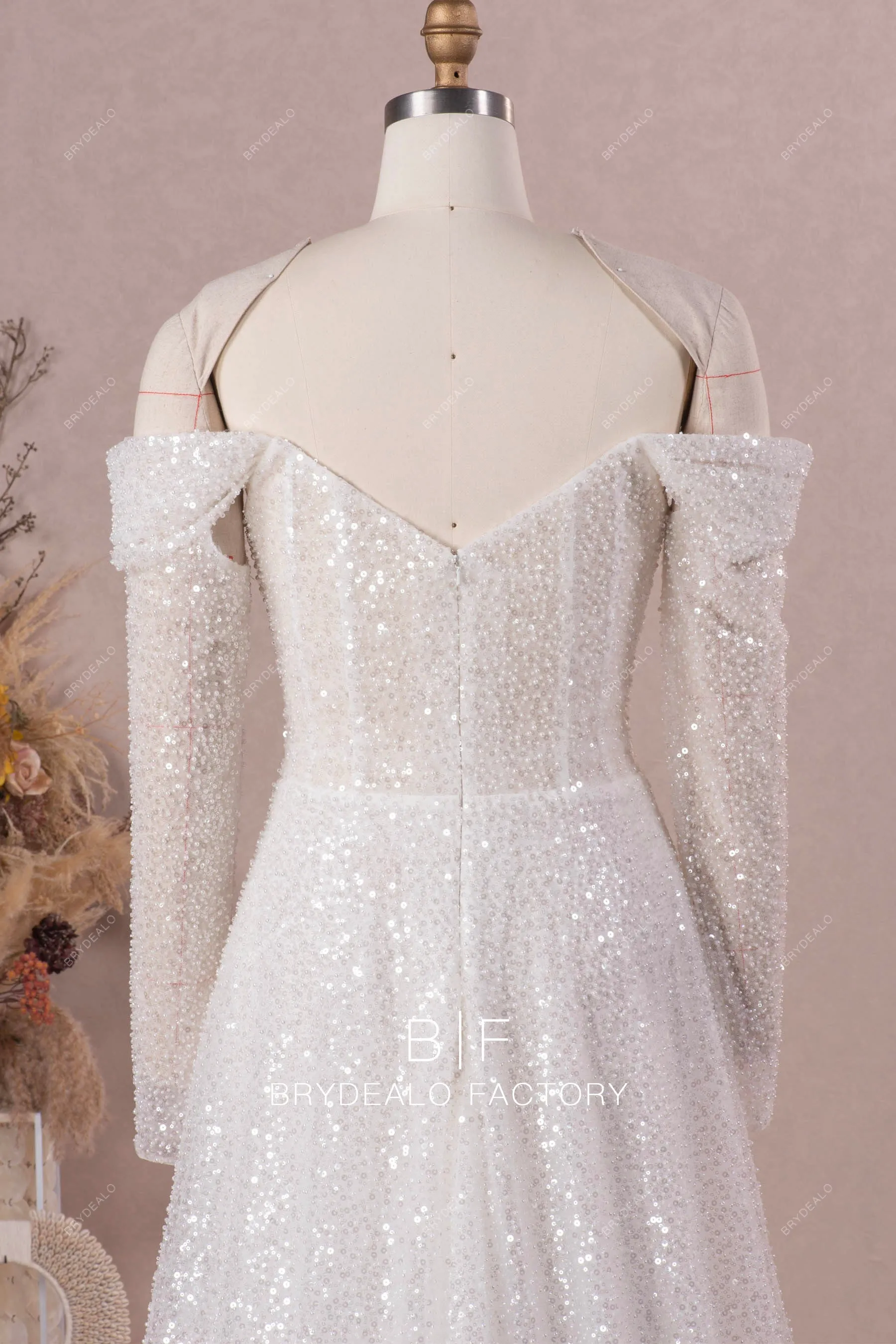 Sparkly Beading Sequins Off Shoulder Long Sleeve Wedding Dress