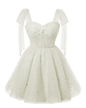 Sparkly Starry White Tulle Short Homecoming Dresses Spaghetti Bow Straps Prom Dress Sequin Cocktail Party Dress for Teens