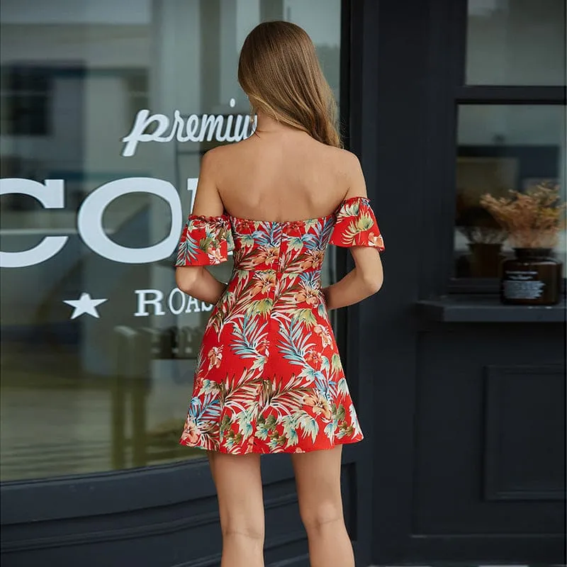 Tropical Print Off Shoulder Drawstring Sweetheart Bustier Dress