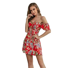 Tropical Print Off Shoulder Drawstring Sweetheart Bustier Dress