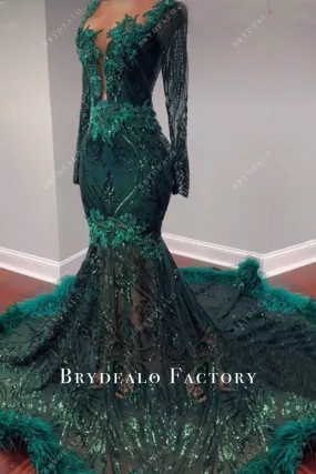 Unique Green Sequin Mermaid Long Sleeve Embellished Prom Dress