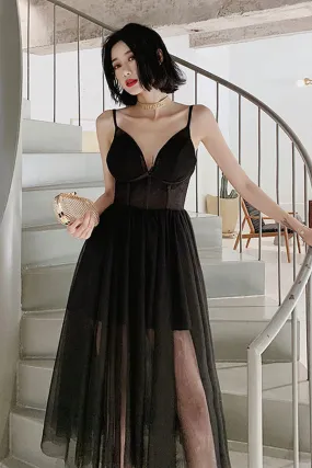 V Neck Open Back Black Tea Length Prom Dress, Black Tulle Homecoming Dress, Black Formal Evening Dress A1676