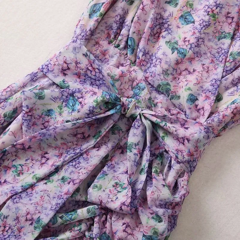 V-neck short sleeved printed floral pleated lace summer dress