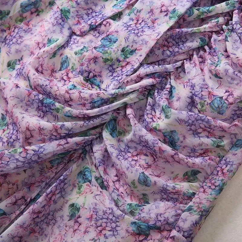 V-neck short sleeved printed floral pleated lace summer dress