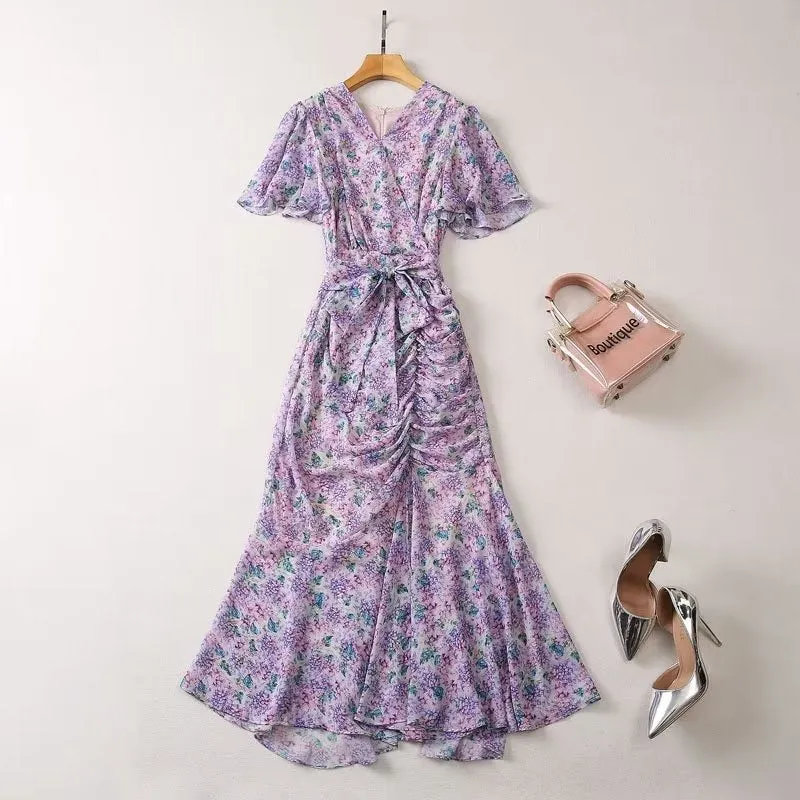 V-neck short sleeved printed floral pleated lace summer dress