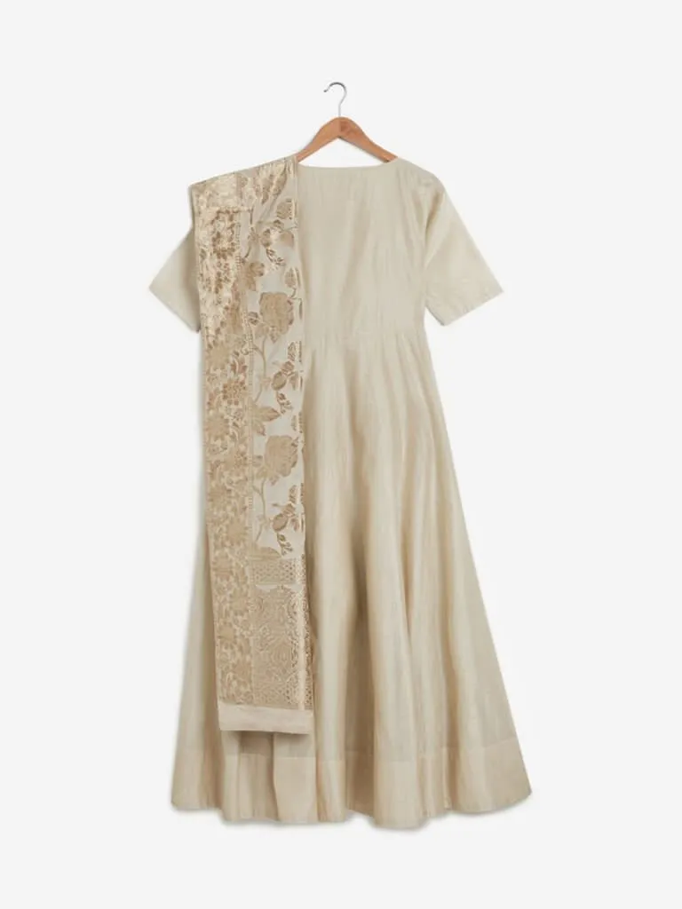 Vark Beige Embroidered Maxi Dress and Dupatta
