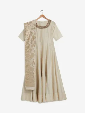 Vark Beige Embroidered Maxi Dress and Dupatta