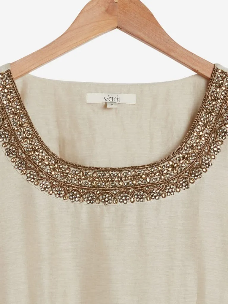 Vark Beige Embroidered Maxi Dress and Dupatta
