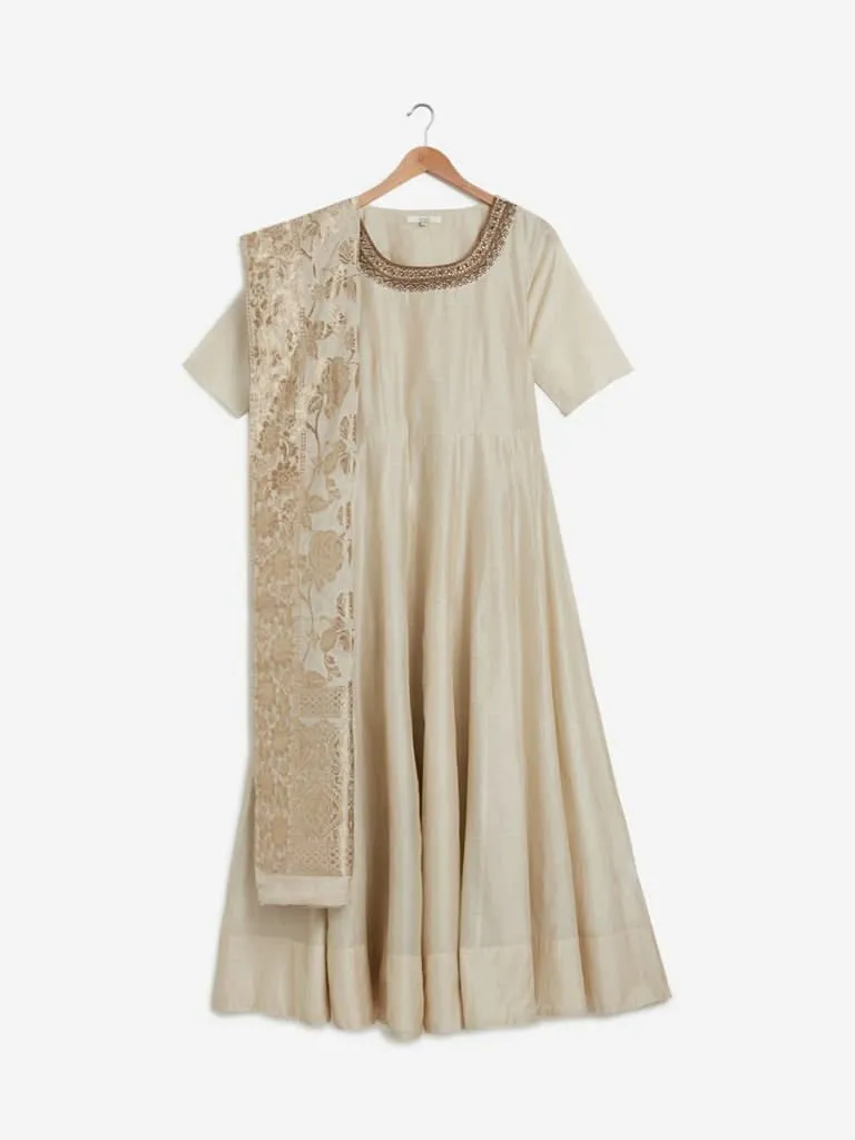 Vark Beige Embroidered Maxi Dress and Dupatta