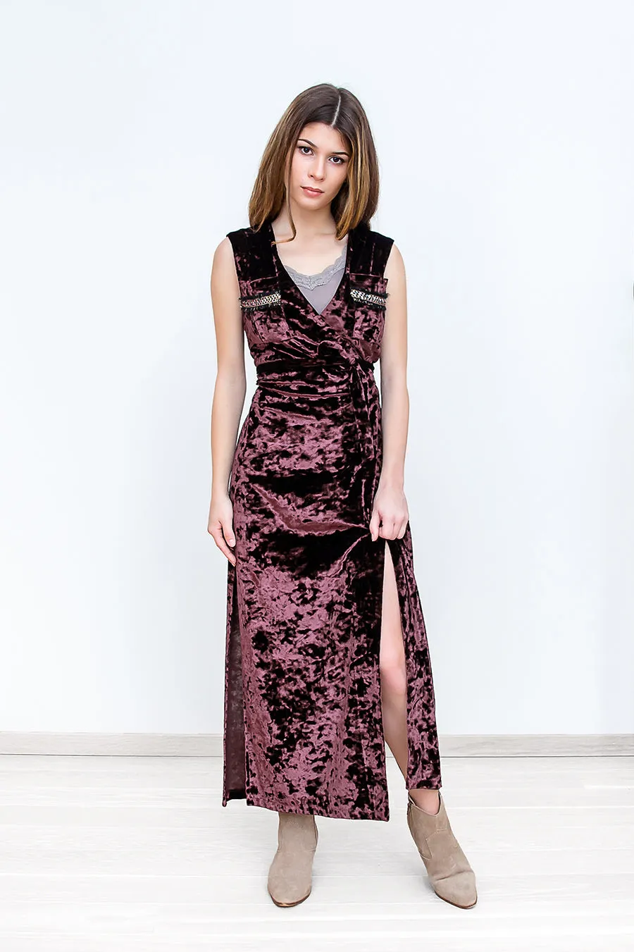 Velvet Wrap Maxi Dress - Burgundy
