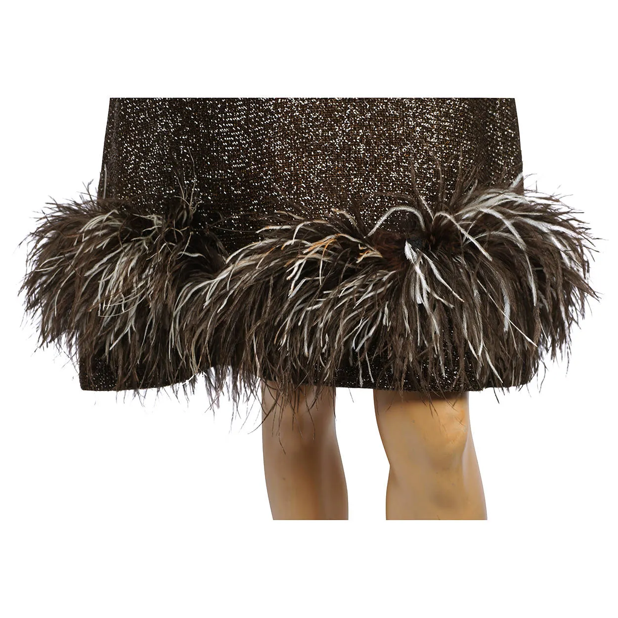 Vintage 1960s Sparkly Brown Lurex Dress with Ostrich Feather Trim Size M