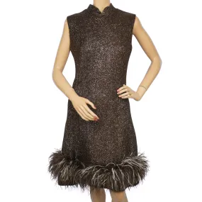 Vintage 1960s Sparkly Brown Lurex Dress with Ostrich Feather Trim Size M