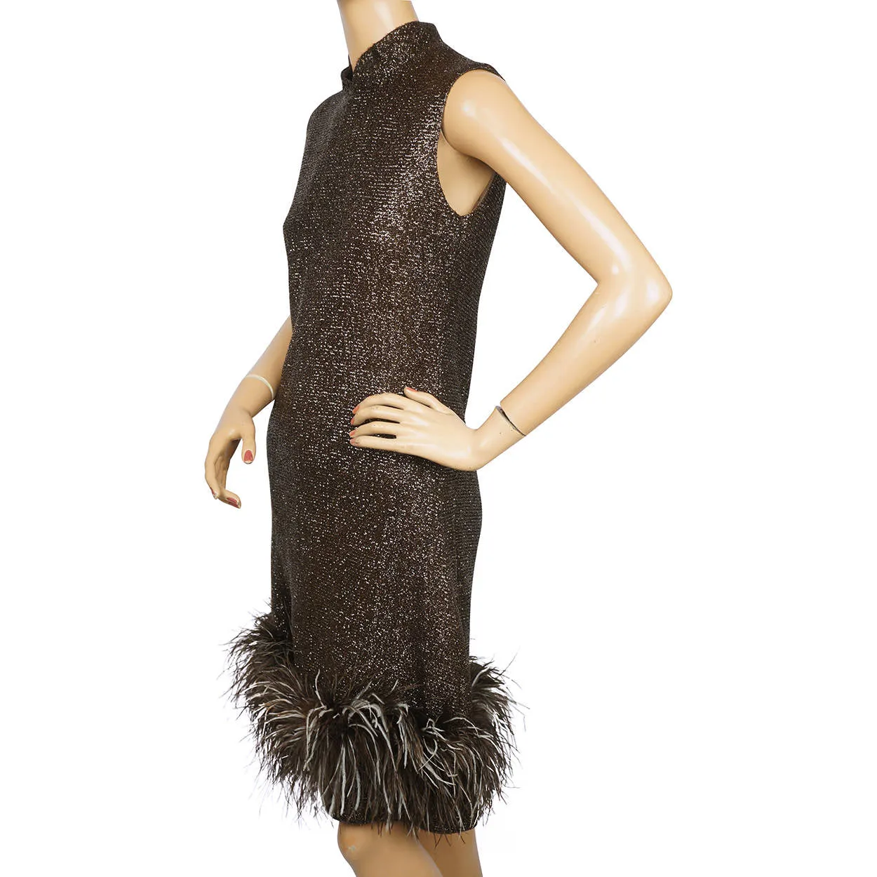 Vintage 1960s Sparkly Brown Lurex Dress with Ostrich Feather Trim Size M