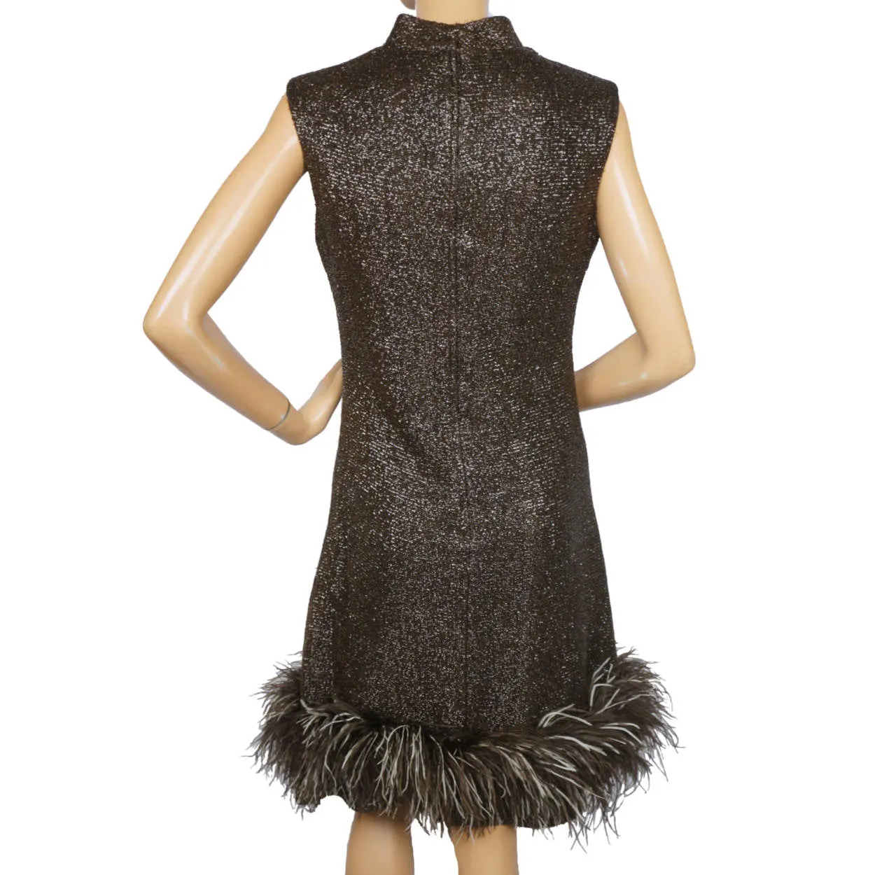 Vintage 1960s Sparkly Brown Lurex Dress with Ostrich Feather Trim Size M