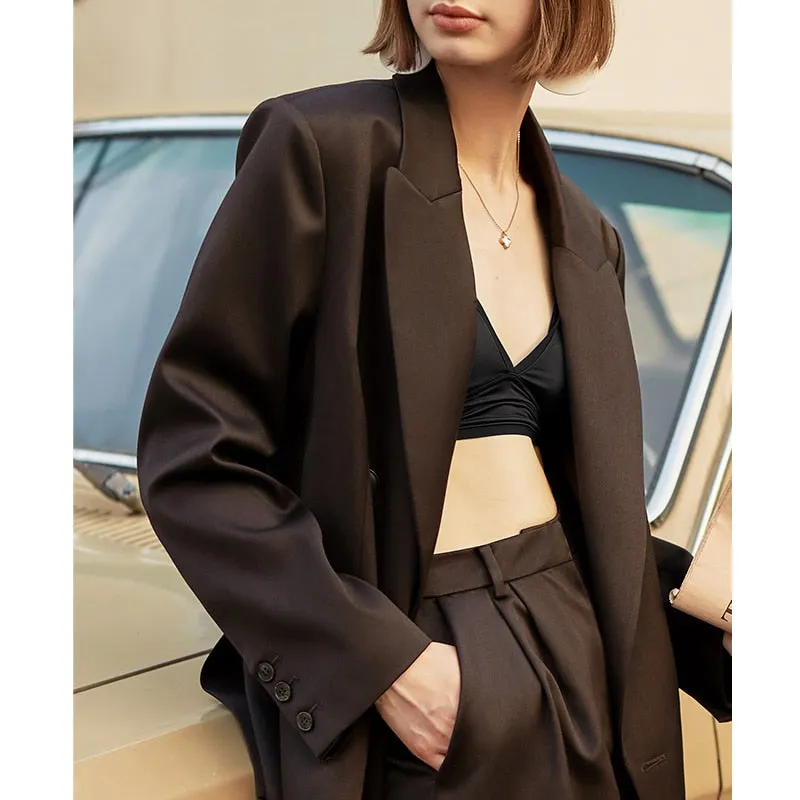 Vintage Loose Blazer Jacket and Wide Leg Pants Suit Set