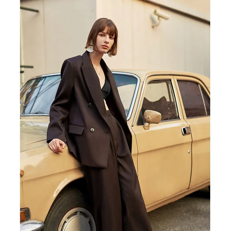 Vintage Loose Blazer Jacket and Wide Leg Pants Suit Set