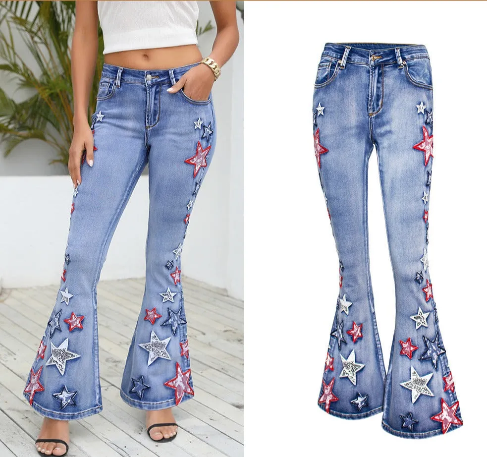 Wide-Leg Denim Bell-Bottom Pants