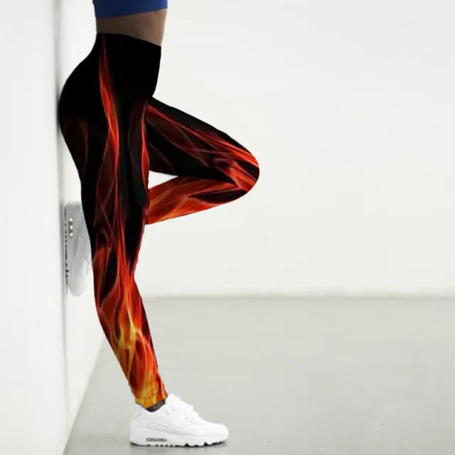 Wjczt Sport Leggings Women 3D Digital Fire Printed Tights Yoga Pants Flame Gym Clothing Femme Workout Leggins Ladies Leginsy Damskie