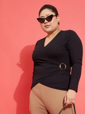 Women Black Rib Side Buckle Detail Top