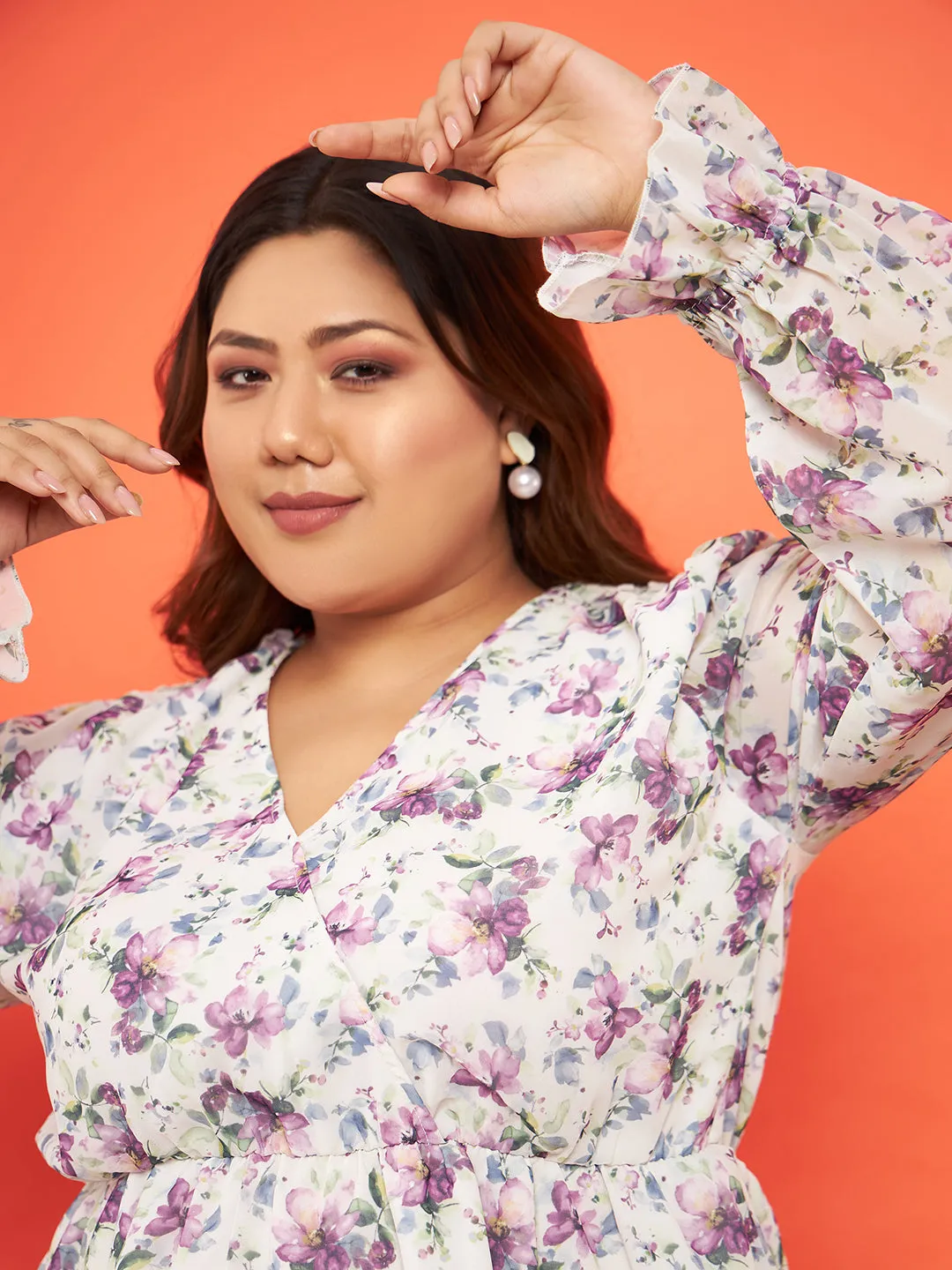 Women Off White Floral Wrap Neck Top