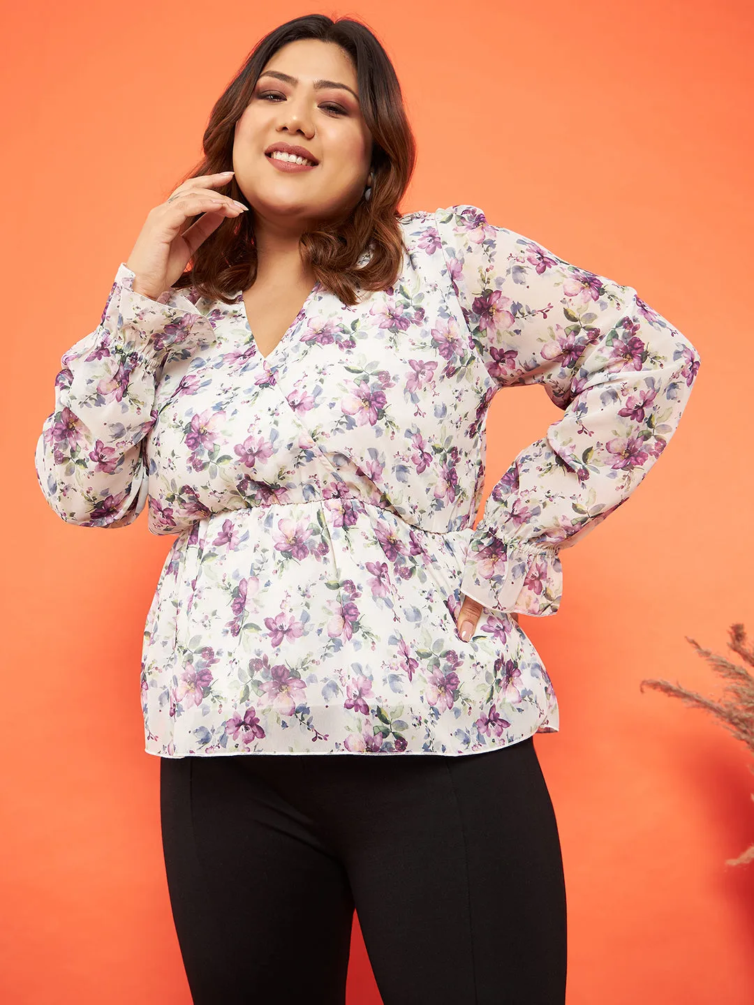 Women Off White Floral Wrap Neck Top