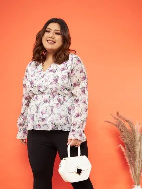 Women Off White Floral Wrap Neck Top