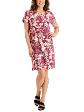 Women's Floral Printed  Short Dress,Burgundy