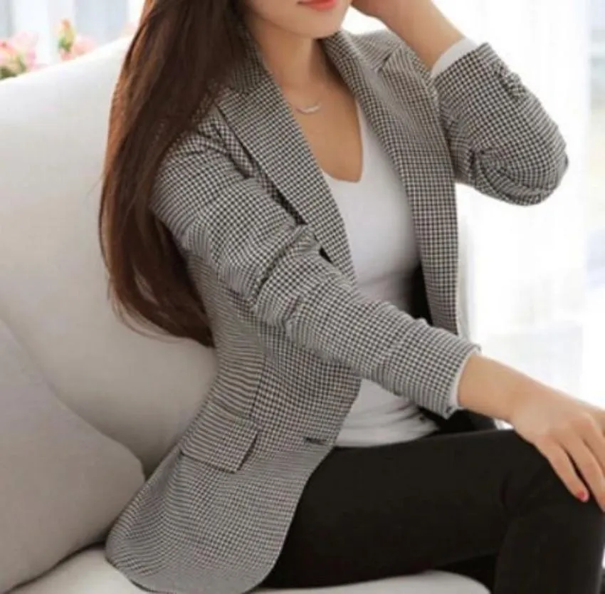 Womens Gray Single Button Checkered Blazer