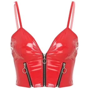 Womens Sling Vest - Sexy Camisole with Deep V Neck, Front Zipper, and Backless Design in Glossy Patent Leather for Clubwear and Rave Parties