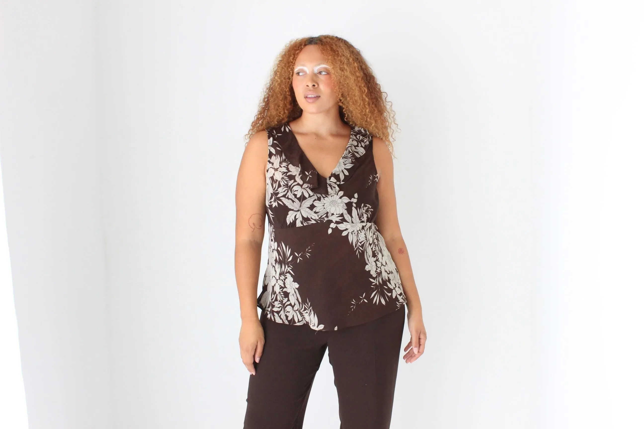 Y2K Romantic Chocolate Floral Ruffle Cami Top
