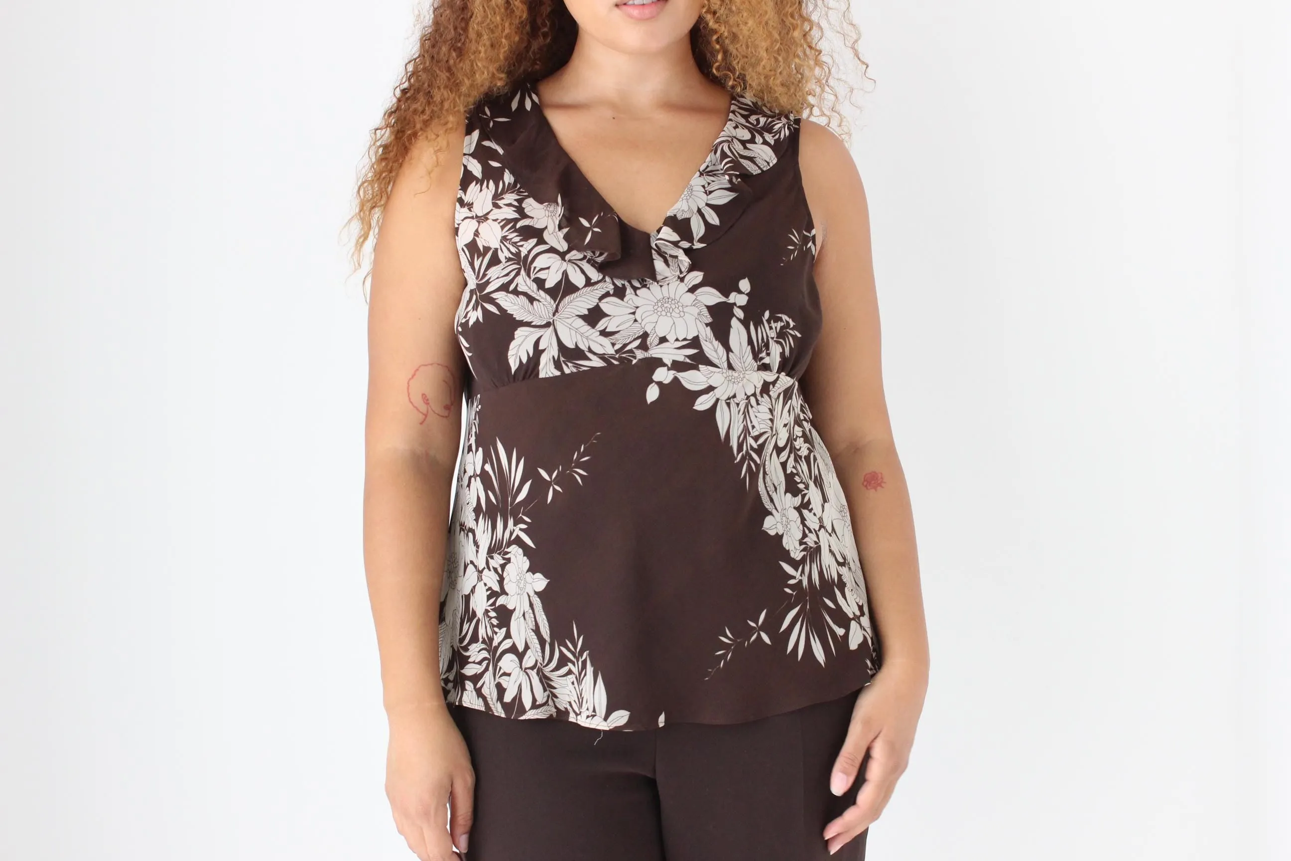 Y2K Romantic Chocolate Floral Ruffle Cami Top